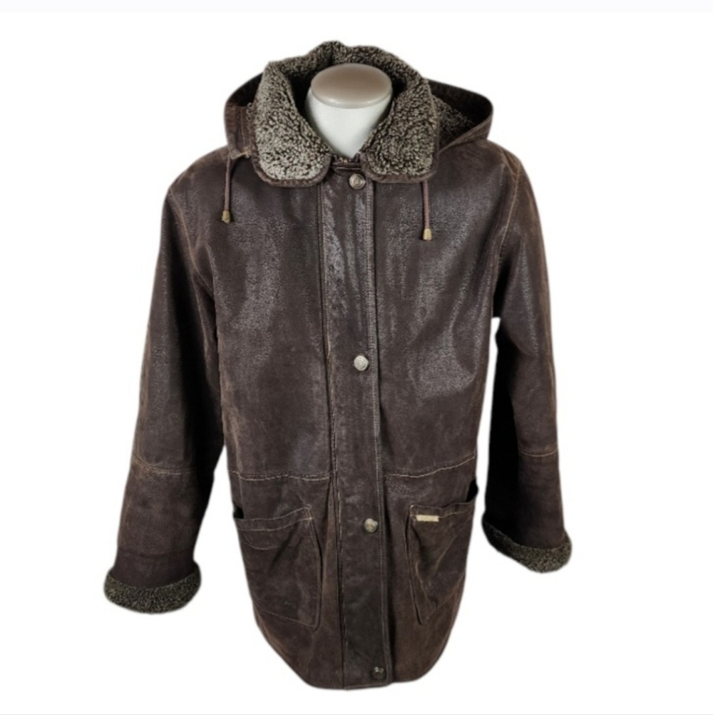 Nickelson Leather Zip Front Hooded Chore Coat Faux Shearling Brown Size Large